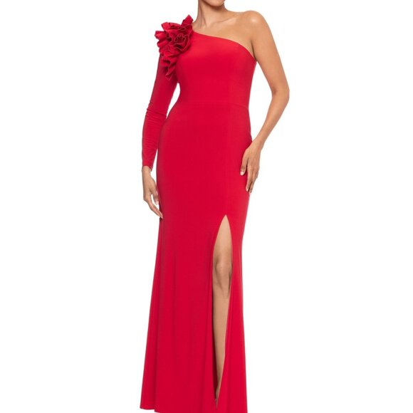 Xscape Petite One-Shoulder High-Slit Evening Gown – Red NWT Size 14P - Picture 2 of 5